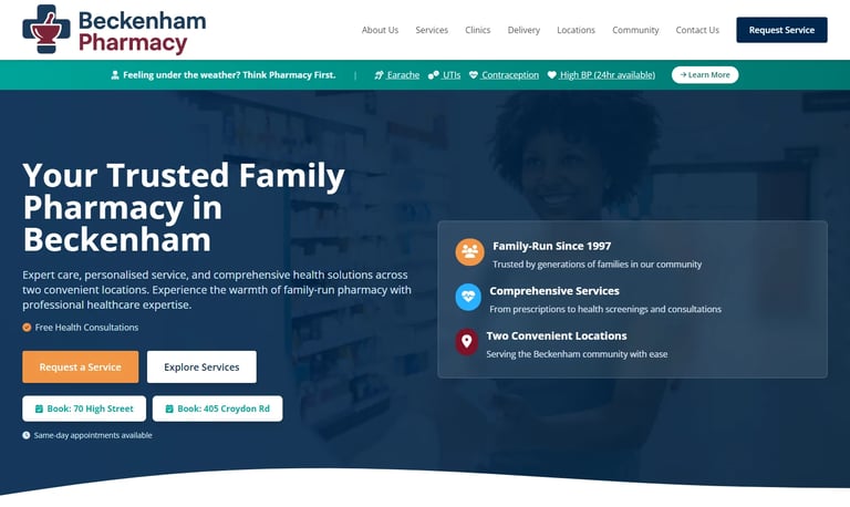 Beckenham Pharmacy website header featuring trusted family pharmacy services and location details in Beckenham