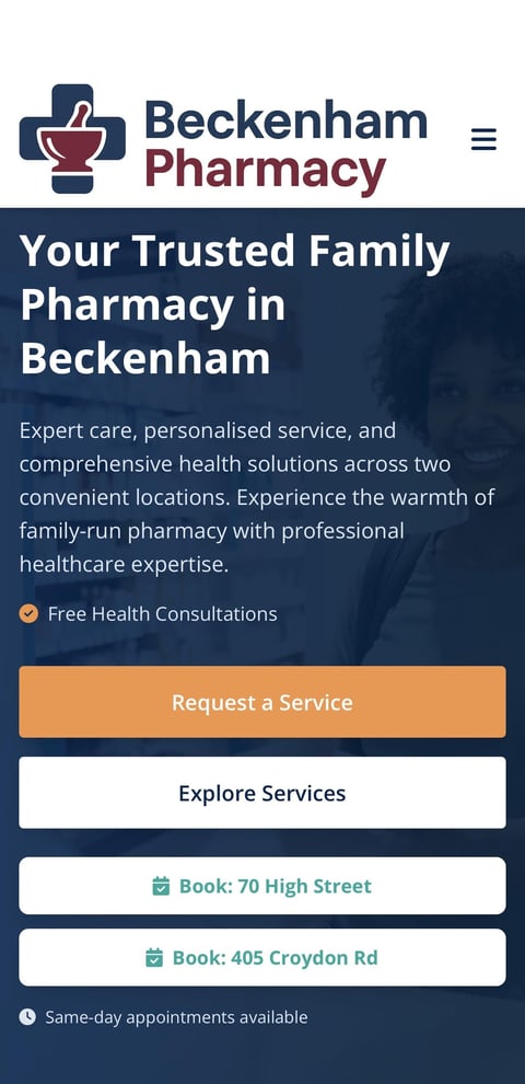 Beckenham Pharmacy website header showing trusted family pharmacy services with booking options and health consultation information