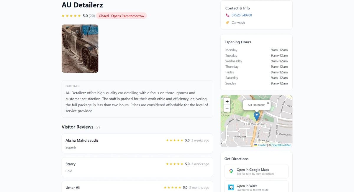AU Detailierz business profile page showing location, opening hours, visitor reviews, and map directions
