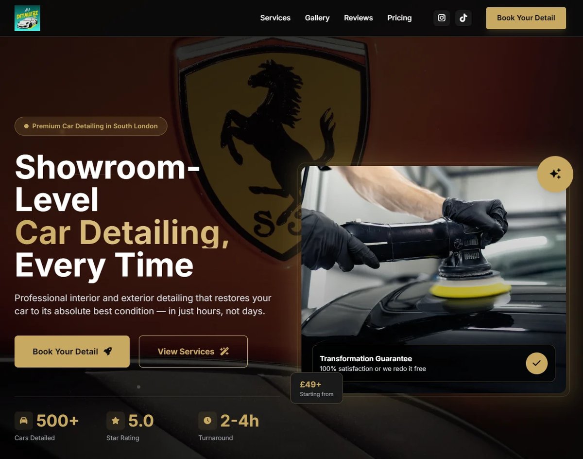 Car detailing service website hero section showing Ferrari logo, professional hand applying detailing product to car, and showroom-level detailing offer with booking options